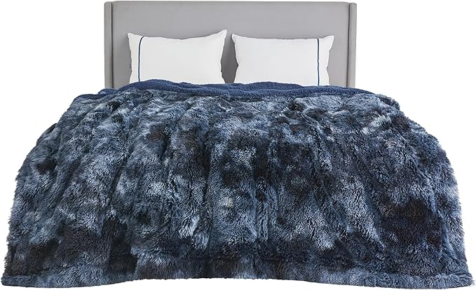 Bedsure GentleSoft Fluffy Tie Dye Navy Blue Blankets Queen Size for Bed, Thick Sherpa Faux Fur Fleece Fuzzy Plush Winter Warm Soft Queen Blankets, Bedroom Decor Blue Cozy Gifts for Women Men, 90x90