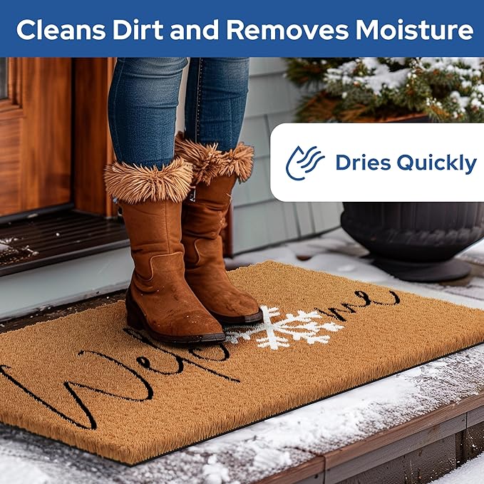 Barnyard Designs Natural Coco Coir Christmas Doormat - Large Cute Non-Slip Heavy Duty Backing Door Mat for Outside Entrance or Porch Entry, Brown (17x30, Winter Snowflake)