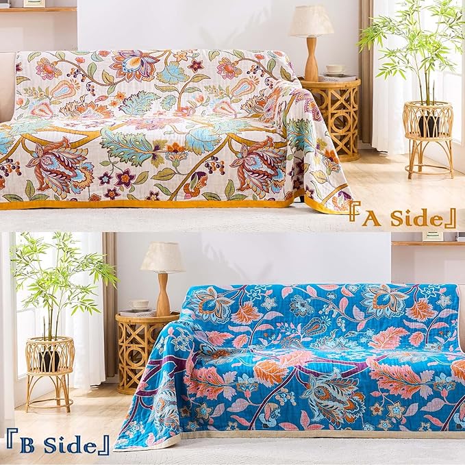 Boho Throw Blanket for Bed, 100% Cotton Soft Rustic Quilt Fall Blanket, 80"x90" Floral Printed Farmhouse Decor Bed Blankets, All Season Rustic Reversible Bohemian Throw Quilt