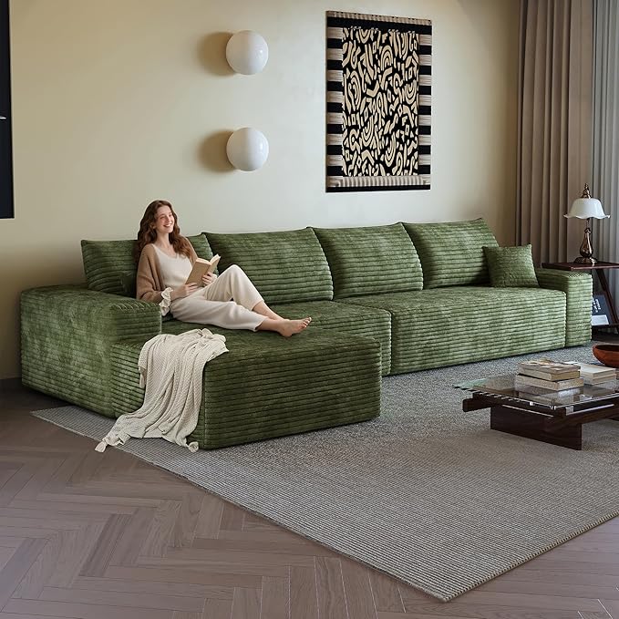 108" Sectional Couches for Living Room Modern Modular Sofa with L-Shape Couchs Upholstered Boneless Couch Deep Seat Sectional Couch with Chaise (Green, Left Facing Chaise+3Seaters)