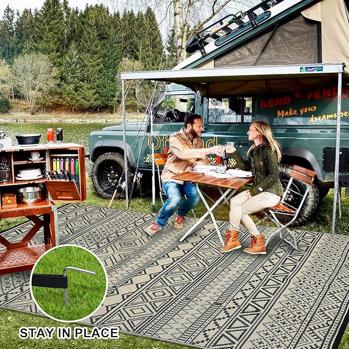 GAOMON Reversible Outdoor Rug 9'x18' Waterproof Plastic Straw Rug, Patio Rug, Large Modern Area Rug Carpet, Indoor Outdoor Rugs for Camping, Porch, Deck, Balcony, Backyard, Black/Coffee(Bohemia)