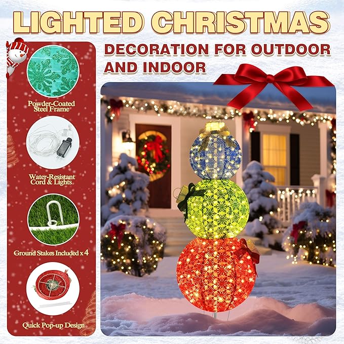 5FT Lighted Pop Up Stackable Ornaments for Christmas Decoration, 3D Pre-Lit Decor with 210 LED Lights with Easy Pop-Up Design, Freestanding Glittered Holiday Display for Outdoor, Indoor