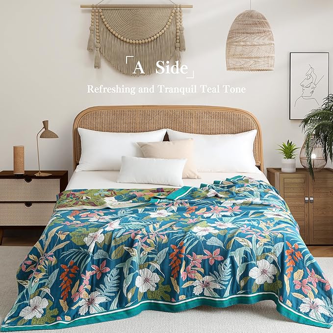 Boho Throw Blanket Twin Size, Soft Cozy Cotton Muslin Quilt Blanket for Bed Decor, Floral Patterned Couch Sofa Chair Cover, Vintage Farmhouse Cottage Tapestry Woven Blanket, Teal&Green