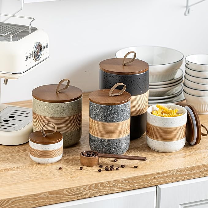 Ceramic Jar with Lid Airtight, Coffee Container Kitchen Food Storage Jars for Spice Sugar Tea Bag, Stackable Decorative Jars for Countertop, 18oz