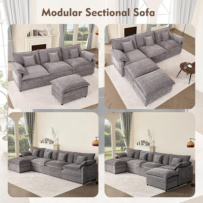 142.5" U Shaped Couch, Modular Sectional Sofa, 3-Seater Comfy Cloud Couch with Movable Ottoman, Deep Seat Couches for Living Room, Chenille, Slate