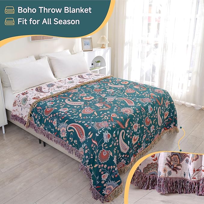 Boho Large Cotton Throw Blanket 80''x90'',Ultra Soft Rustic Quilt,Sofa Throw Cover with Tassels,Farmhouse Lightweight Knitted Throw for Bed,Travel,Couch,Home Decor