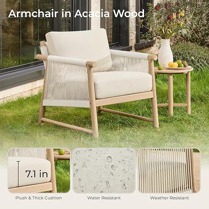 CHITA Boho Patio Rattan Chair, Outdoor Wicker Chair with 7.1″ Thickened Cushions Acacia Wood Frame(Cream)