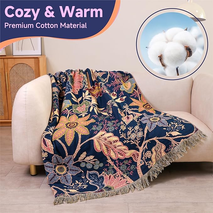 Boho Large Throw Blanket for Bed -100% Cotton Colorful Bed Throw, Ultra Soft Farmhouse Decor Bedding,80" x 90" Travel Blanket Rustic Throw for Picnic Sofa Couch Chair White&Blue
