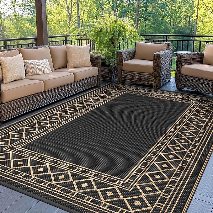 GENIMO Outdoor Rug Waterproof 6'x9' for Patio, Foldable Reversible Plastic Straw Carpet for Travel Trailers, Outside Area Mat for Rv, Deck, Picnic, Porch, Camper, Balcony, Beach, Black & Brown