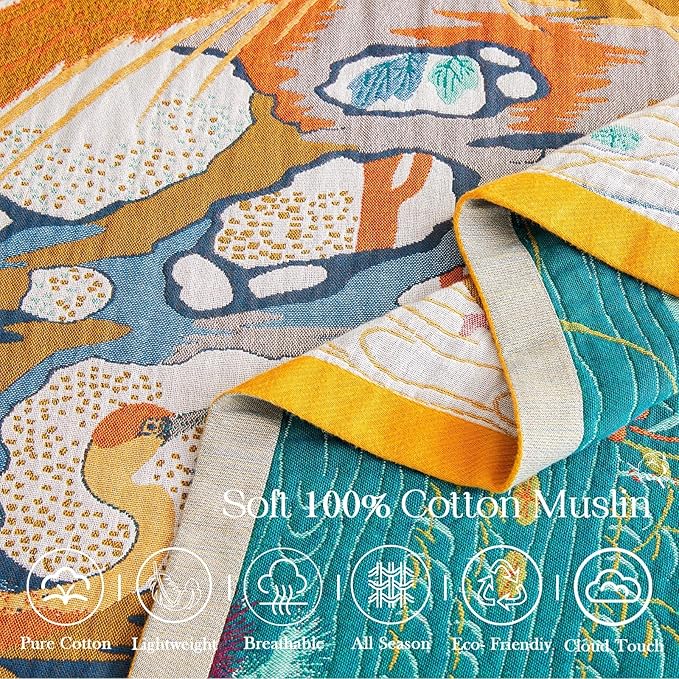 Fall Throw Blanket for Couch, Yellow Boho Decorative Throw Blanket, 100% Cotton Muslin Breathable Woven Farmhouse Blankets Quilt, 80"x90" Reversible Lightweight Blankets Bohemian Throw Quilt