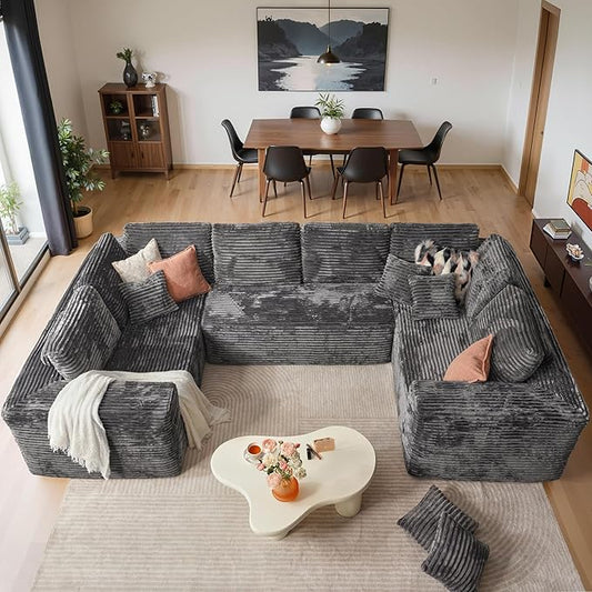 Cloud Sectional Couches for Living Room,U Shaped Modular Sofas No Assembly,135x79 Inches Plush Corduroy Oversized Floor Couch Set with Deep Seat Chaise,Grey