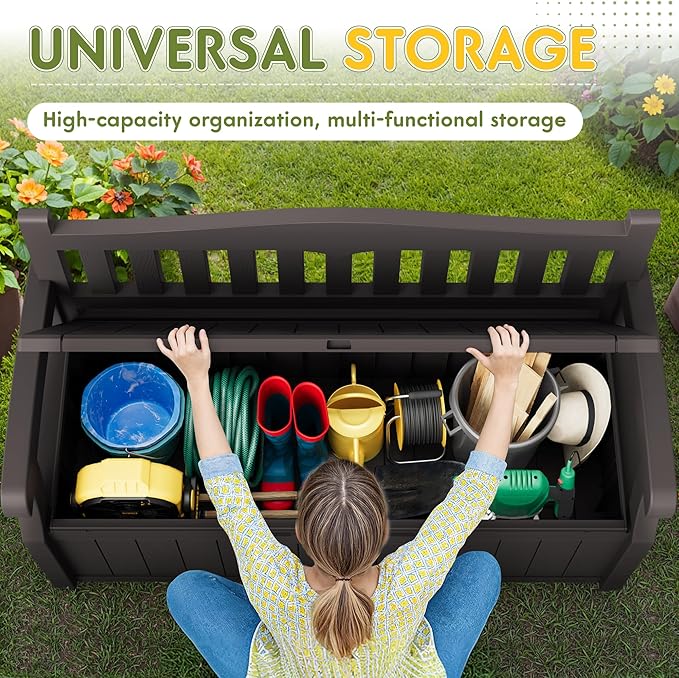 Greesum 80 Gallon Storage Bench Outdoor Deck Box with Armrest, Patio Furniture,Lockable, Waterproof and UV Resistant, Suitable for Garden, Pool, Brown