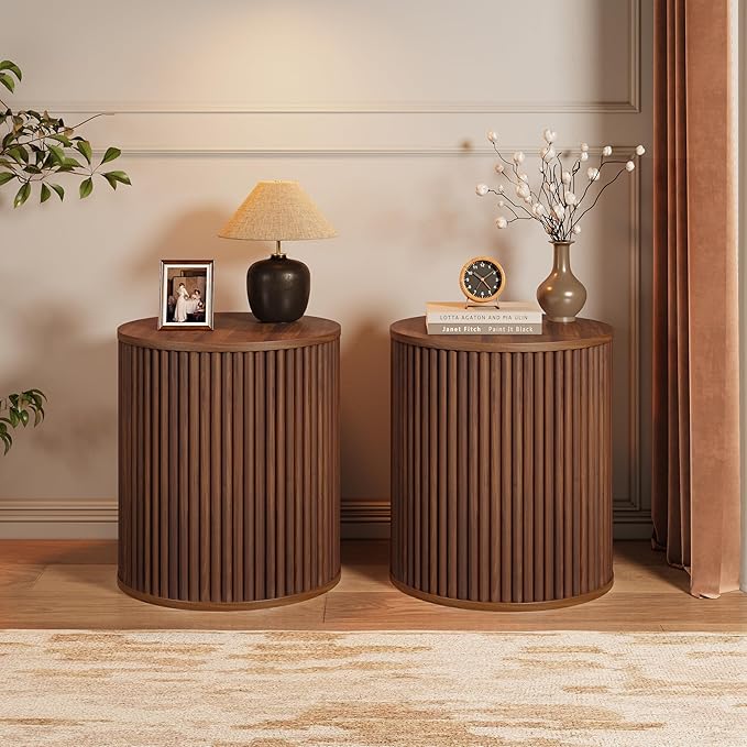 AVZEAR Fluted Round Side Table with Storage, Small Mid Century End Table Fluted Nightstands, Modern Circle Bedside Tables Wood Night Stand for Small Spaces, Living Room, Bedroom (Rustic Walnut)