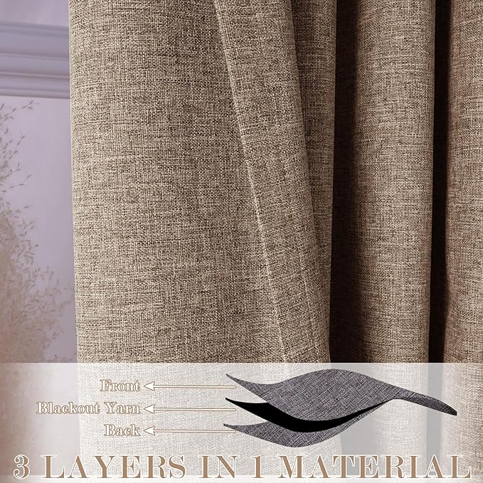 100% Blackout Linen Textured Drapes for Bedroom Pinch Pleated Curtains for Track System Portable Drapery for Sliding Glass Door/Storage/Space Room Divider, 70" Wx102 L, 1 PC, Taupe