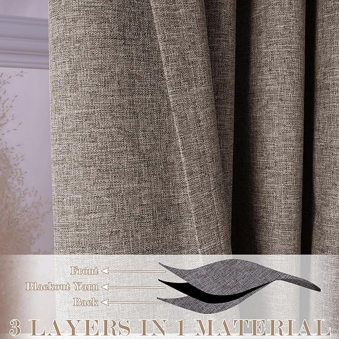 Extra Wide 100% Blackout Linen Textured Curtains - Room Dividers, W150 x L108 (1 Panel), Pinch Pleat Drapes for Living Room, Full Light Block Out Drapery for Sliding Door, Light Coffee