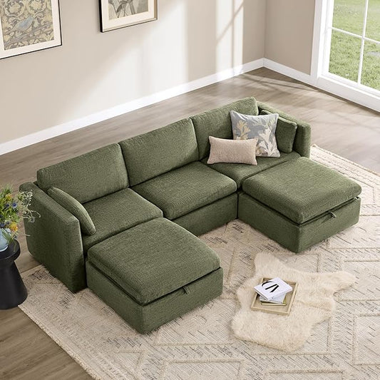 CHITA Oversized Modular Cloud Sectional Fabric Sofa Set, FSC Certified U Shaped Couch Reversible Chaise Modular Sectional,112 inch Width,5 Seat Modular Sofa Includes 2 Storage Ottomans, Moss Green