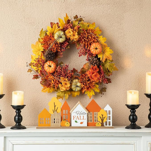 Glitzhome 24 inch Artificial Fall Wreath Decor, Autumn Maple Leaf Wreath for Front Door with Dahlia Pumpkin, Leaf and Berry Wreaths for Autumn Harvest Thanksgiving Halloween Decor