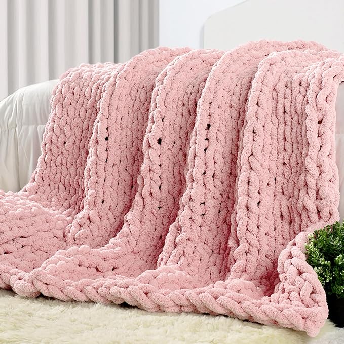 Carriediosa Chunky Knit Throw Blanket 60" X 80" Twin, 100% Hand Made Large Chenille Loop Yarn Soft Fluffy Throws for Couch Sofa Bed, Big Crochet Cozy Heavy Thick Cable Woven Blankets, Dusty Pink