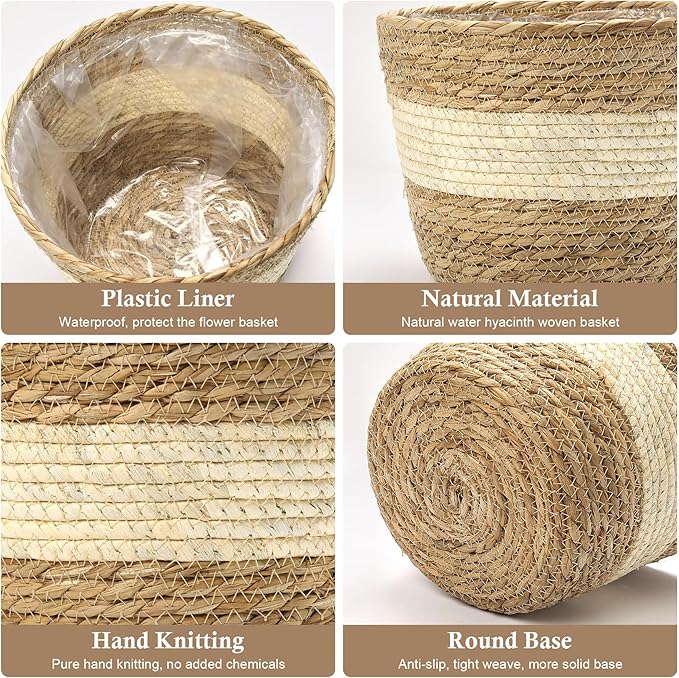 Athaliah Plant Basket, 3 PCS Plant Baskets Indoor with Plastic Liner, Water Hyacinth and Corn Stalk Woven Planters Flower Basket, Planter Basket for Rustic Home Floor Potted Pots Decor