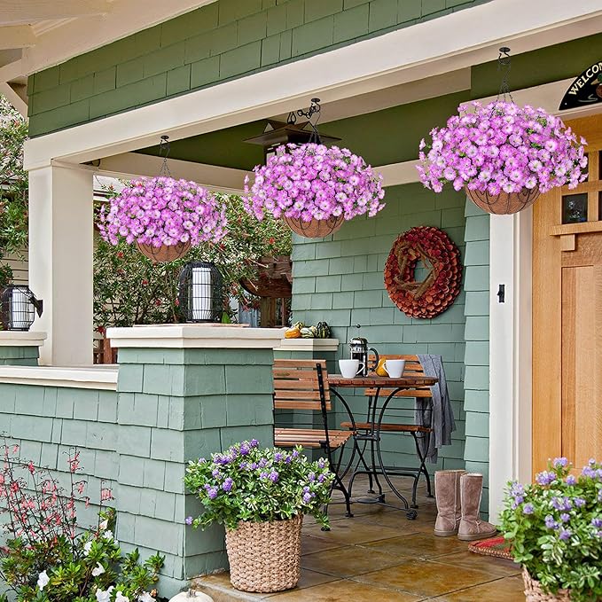 Artificial Faux Hanging Plants Flowers Basket for Outdoor Outside Spring Summer Decoration, Silk Purple Morning Glory in Planter UV Resistant Look Real Fake Flowers for Porch Patio Balcony Home Yard