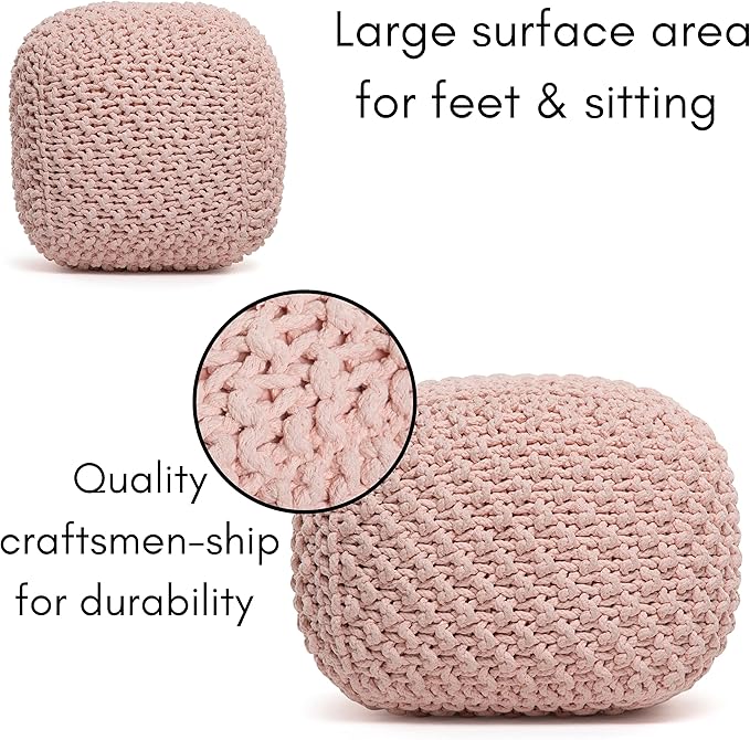 BIRDROCK HOME Square Pouf Ottoman | Cotton Braided Foot Stool with Bean Bag Filling | Boho Foot Rest for Living Room, Bedroom | Compact & Comfortable Seating, Lightweight & Sturdy | Dusty Rose