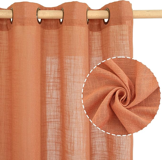 LAMIT Burnt Orange Linen Curtains 95 Inch Length 2 Panels, Linen Textured Light Filtering Drapes for Living Room/Bedroom Country Semi Sheer Window Treatments with Bronze Grommet, 52 x 95 Inch