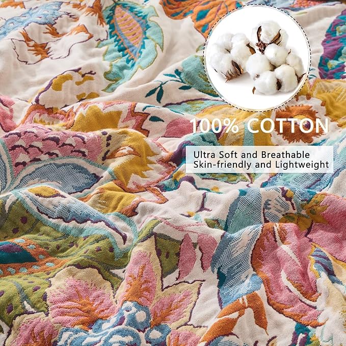 Boho Throw Blanket for Bed, Double Sided Floral Decorated Bohemian Couch Blanket, Lightweight Breathable 100% Cotton Throw Blanket,Room, Farmhouse, Bed Decor (Happiness,50"x60")