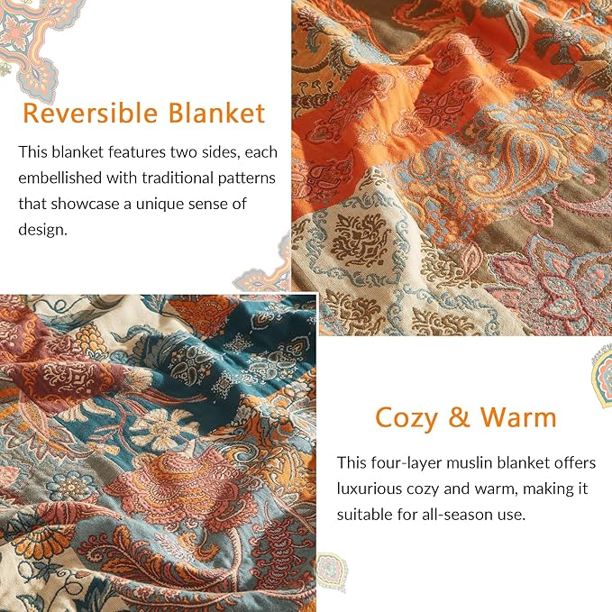 Boho Throw Blanket for Couch Sofa Bed, 100% Cotton Woven Quilt with Tassel 60”x80”, Super Soft Muslin Blanket with Floral Printed, Decorative Reversible Bed Blanket/Cover for All Seasons