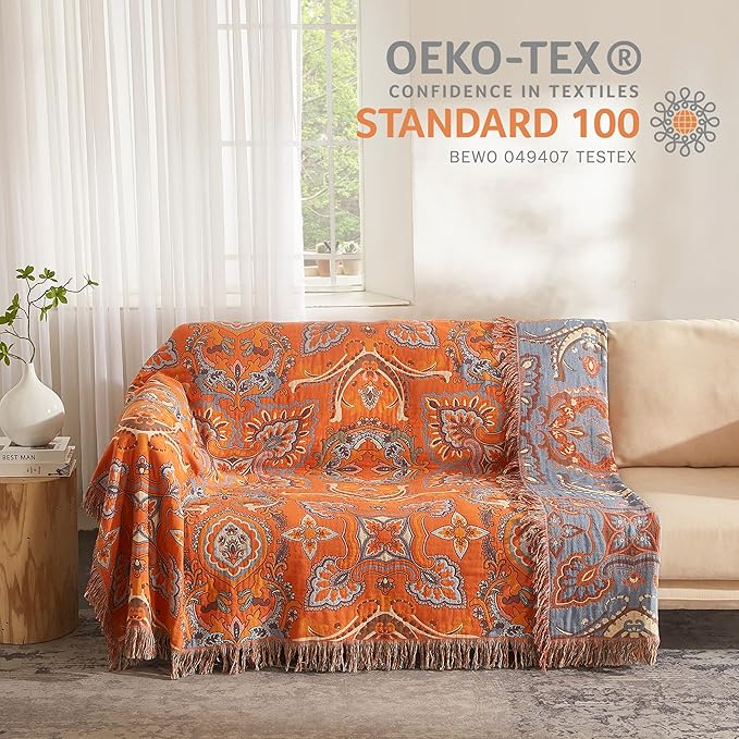 Boho Throw Blanket for Bed 80”x90”, 100% Cotton Woven Blanket for Couch Sofa, Ultra Soft 4-Layer Muslin Quilt with Vintage Floral Printed, Farmhouse Bed Blanket/Cover for Living Room Decor
