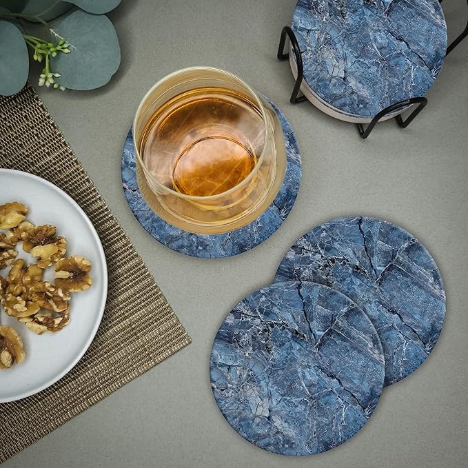 Emerson Coasters for Drinks Absorbent – Natural Stone Drink Coasters Set with Holder, Coasters for Coffee Table, Wooden Tabletop Protection Marble Style – 100% Heavy Duty Set of 6 (Mystic)