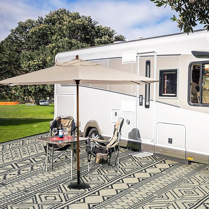 GAOMON Outdoor Rug for Patio 5'x8' Reversible Plastic Rugs Camping Mat for Outdoor, RV, Backyard, Deck, Balcony, Picnic, Beach, Black/Coffee(Bohemia)