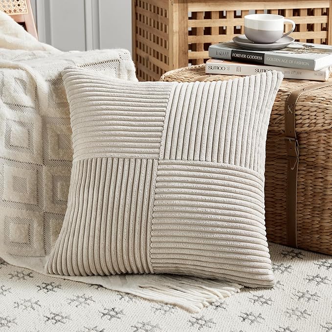 Fancy Homi 2 Packs Neutral Taupe Decorative Throw Pillow Covers 20x20 Inch for Living Room Couch Bed Sofa, Farmhouse Boho Home Decor, Soft Corss Corduroy Patchwork Accent Square Cushion Case 50x50 cm