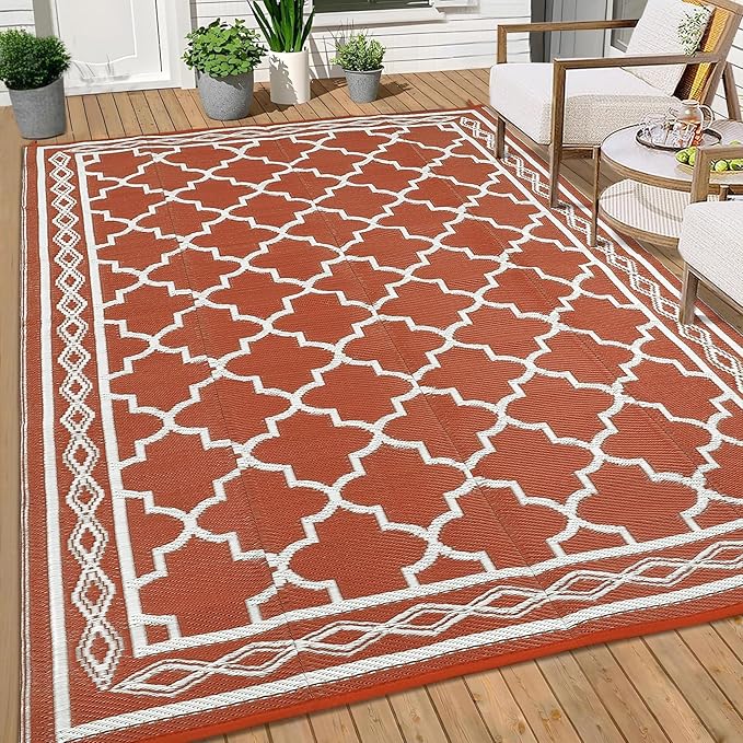 GAOMON Outdoor Rug 9'x12' Waterproof Rug for Patio Decor, Foldable Reversible Plastic Straw Area Rugs Mat for Camper, Outside Carpet for Deck, Porch, Picnic, Beach, Orange/White(Bohemia)