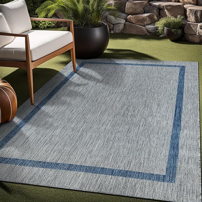 Bordered Outdoor Rug 10x14 Washable Outside Carpet for Indoor Patio Porch Waterproof Easy Cleaning Non Shedding Area Rugs Silver Gray - Blue 10 x 14