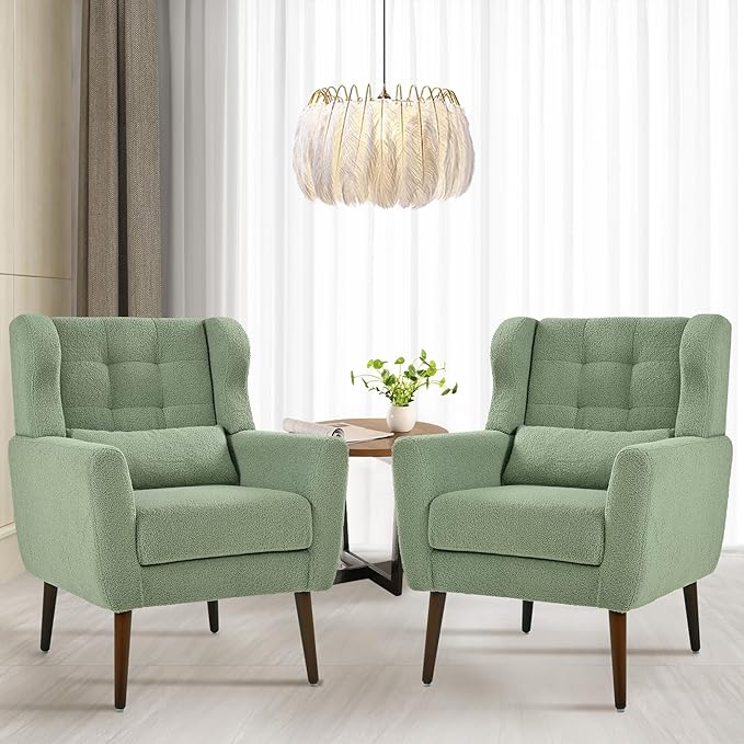 Accent Chair Set of 2, Upholstered Armchair with Pillow, Teddy Single Sofa Chair with Lounge Seat and Wood Legs for Living Room Small Spaces