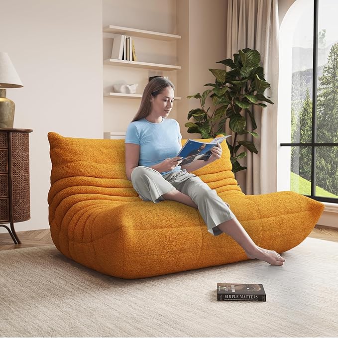 Bean Bag Chair, Oversized Loveseat Fireside Chair for Adults, 2 Seater with Memory Foam Filled, Lazy Sofa Lounge Floor Sofa for Living Room, Bedroom, Office, No Assembly Required. (Yellow)