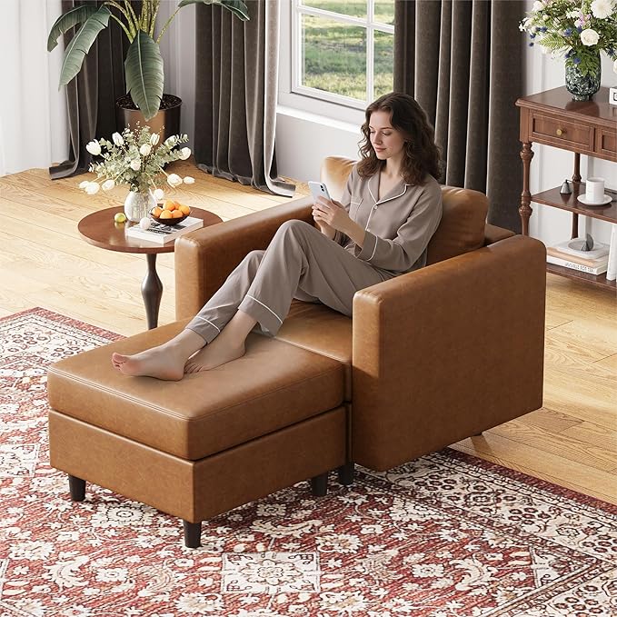 Faux Leather Oversized Accent Chair with Storage Deep Seat Single Sofa Large Reading Armchair for Living Room Bedroom Office Brown Set of 2