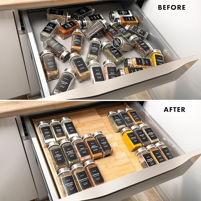 Bamboo Spice Drawer Organizer - Expandable 4 Tier Spice Rack (Need 3" Deep Drawer) 12" to 24" Wide, Seasoning Organizer, Organization Seasoning Rack insert (Jars Not Included)