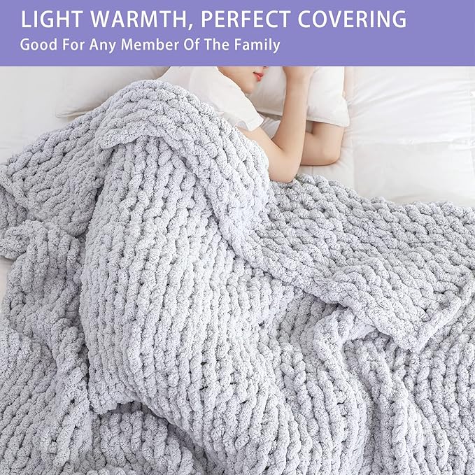 Bigacogo Chunky Knit Throw Blanket for Couch, 80x90 inches, 100% Hand Knitted with Thick Jumbo Chenille Yarn, Cozy Soft Large Rope Knot Cable Crochet Blankets for Sofa Bed Living Room, Light Grey