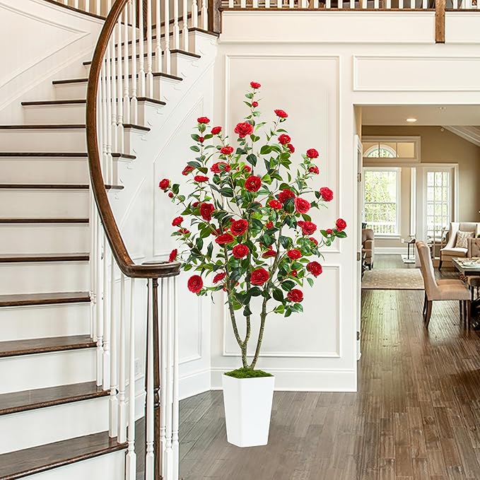 Artificial Camellia Tree 6FT Faux Trees Indoor Fake Floral Plant Blooming Tree with Red Flowers & White Tall Planter, Faux Camellia Plants for Porch Home Room Bedroom Office Front Door Outdoor Decor