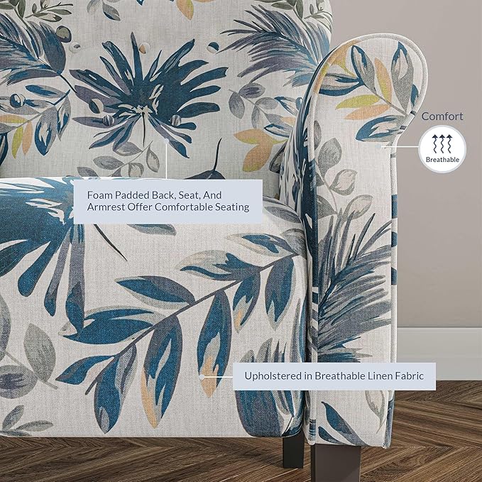 BELLEZE Modern Accent Chair for Living Room, High Back Floral Armchair w/Wooden Legs, Upholstered Wingback Side Chair Padded Armrest Single Sofa for Living Room, Bedroom - Allston (Green Blue Floral)