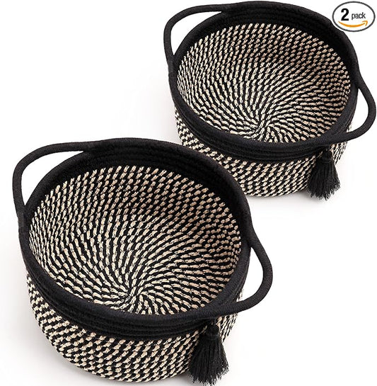 Empty Gift Basket - SweetMemo Mini Woven Rope Organizer Baskets for Baby Shower, Vanity, Makeup Brushes, Bathroom, Shelves, Desk - Small Decorative Storage Bins - Set of 2, Pre-Shaped, Black Brown