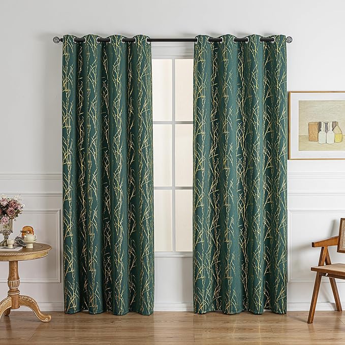 Grommets Blackout Long Window Curtains Green Gold-52W*108L 2PCS Drapes for Bedroom