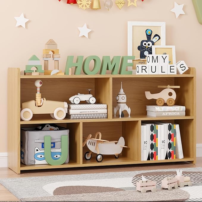 Book Shelf, 5 Cubes Storage Organizer, Open Shelf Wooden Bookcase, Freestanding Log Bookshelf Cube Shelf for Bedroom, Living Room, Home Office