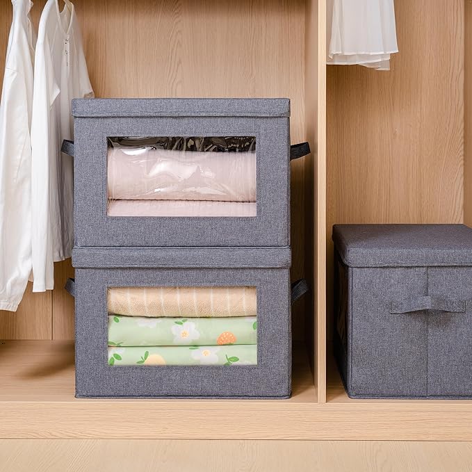 Citylife 3-Pack Collapsible Storage Bins with Lids, Linen Fabric Foldable Storage Boxes, Cube Closet Organization for Clothes, Blankets and Books, Gray