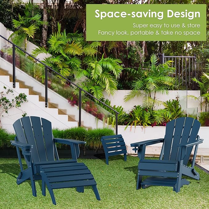 GreenVines Adirondack Ottoman Set of 2, HDPE All Weather Outdoor Folding Footrest, Plastic Adirondack Chair Footstool for Deck Backyard Patio Outside Poolside Porch Lawn, 19.7 inch Width, Blue