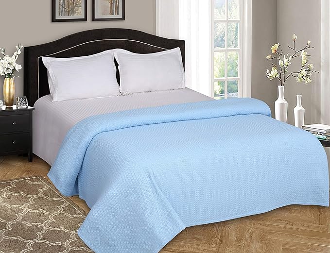 Elvana Home 100% Cotton Bed Blanket, Breathable Bed Blanket Twin Size, Cotton Thermal Blankets Twin, Perfect for Layering Any Bed for All Season, Light Blue