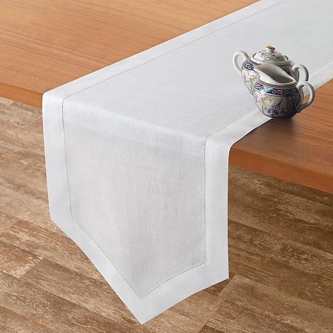 D'Moksha Homes White Linen Table Runner 60 Inches Long - 100% Pure Linen Diamond Table Runner 14 x 60 Inch for Dining, Fall and Halloween - Machine Washable