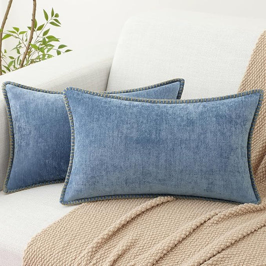 decorUhome Chenille Soft Throw Pillow Covers 12x20 Set of 2, Lumbar Velvet Farmhouse Neutral Decorative Euro Pillow Covers with Stitched Edge for Couch Sofa Bed Home Decor, Blue