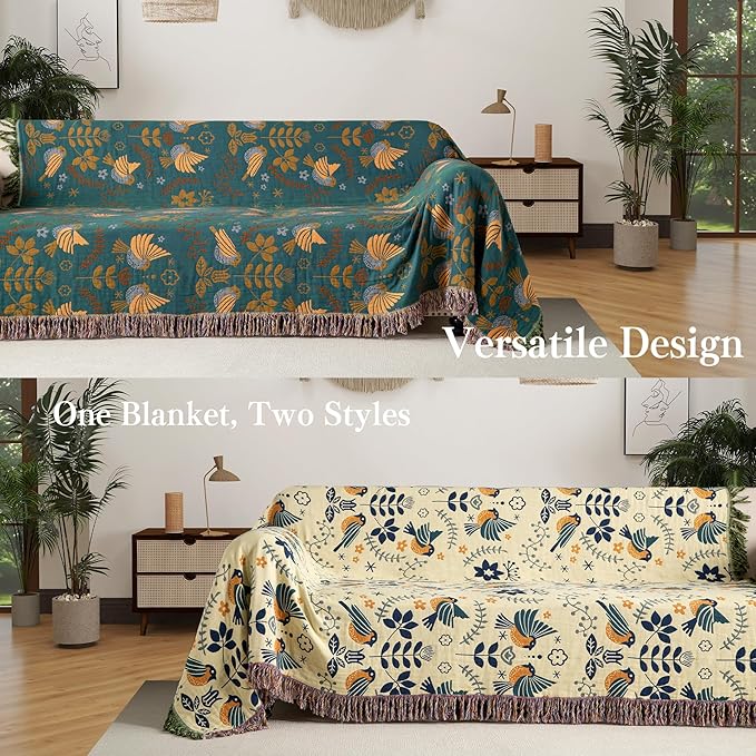 Boho Throw Blanket Queen Size, Oversized Soft Cozy Cotton Muslin Quilt Blanket for Bed Decor, Bird Patterned Couch Sofa Chair Cover, Vintage Farmhouse Cottage Woven Blanket, Green&Beige